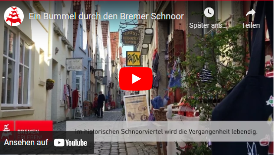 Blick in den Bremer Schnoor mit Geschäften und einigen Menschen; Ein Bummel durch den Bremer Schnoor