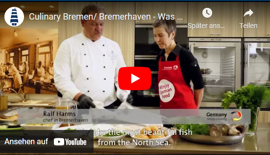 Ein Mann und eine Frau in einer großen Küche. Schriftzug: Culinary Bremen/Bremerhaven