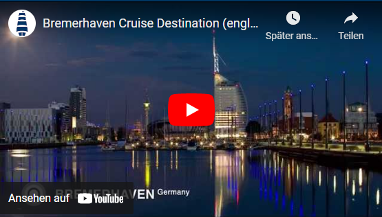 Bremerhavener Havenwelten bei Nacht. Schriftzug: Bremerhaven Cruise Destination