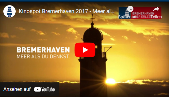 Der alte Leuchtturm von Bremerhaven vor dem Abendhimmel. Schriftzug: Bremerhaven - Meer als du denkst
